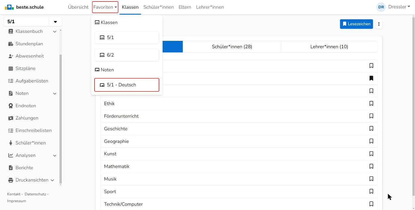 Geöffnetes Menü Favoriten mit dem Notenbuch 5/1 - Deutsch