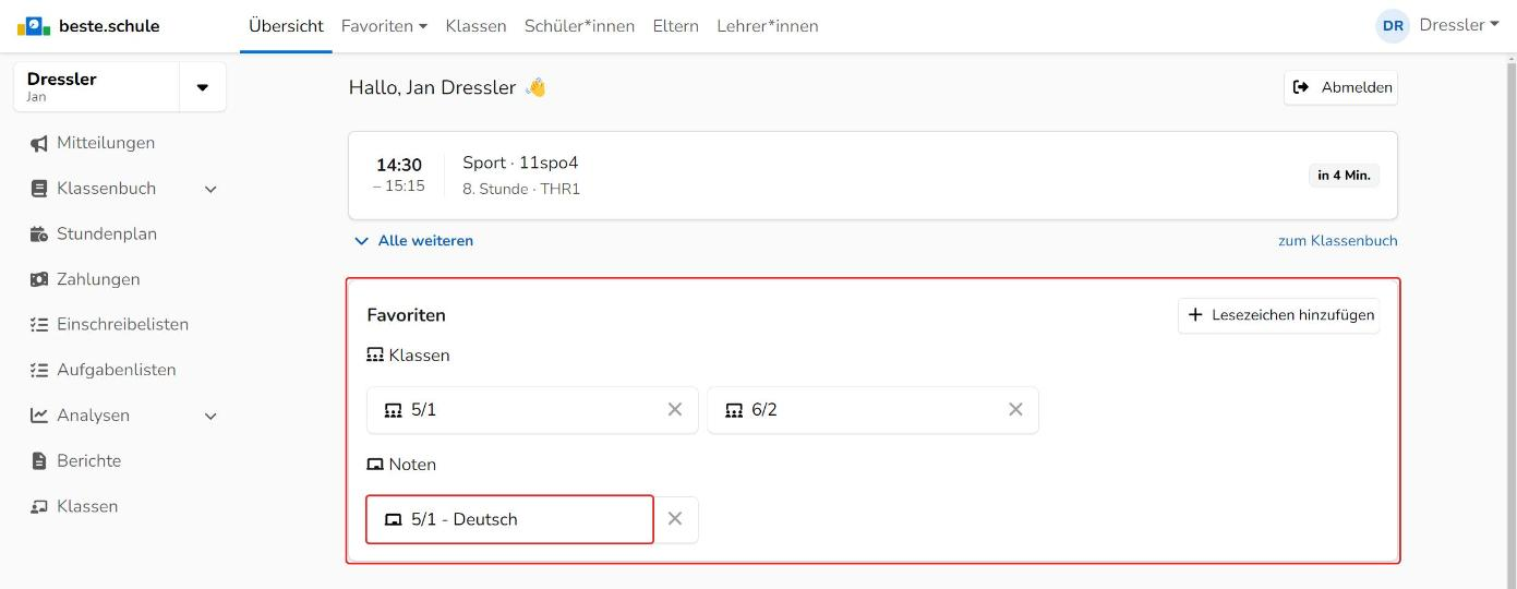 Startseite mit dem Bereich Favoriten und dem Notenbuch 5/1 - Deutsch