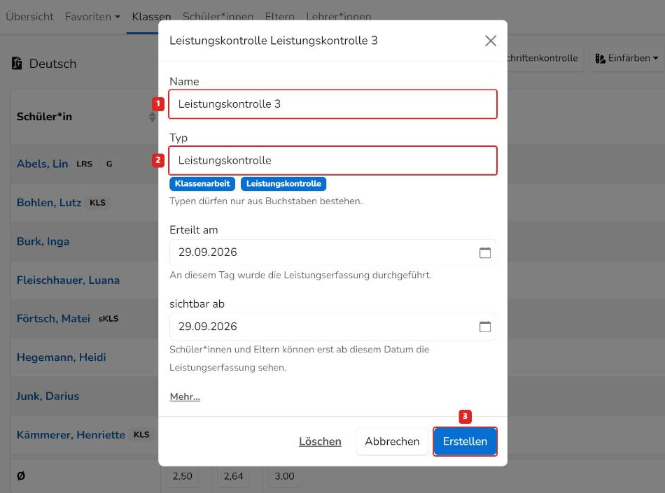 Formular neue Leistungserfassung mit Name, Typ und dem Button Erstellen