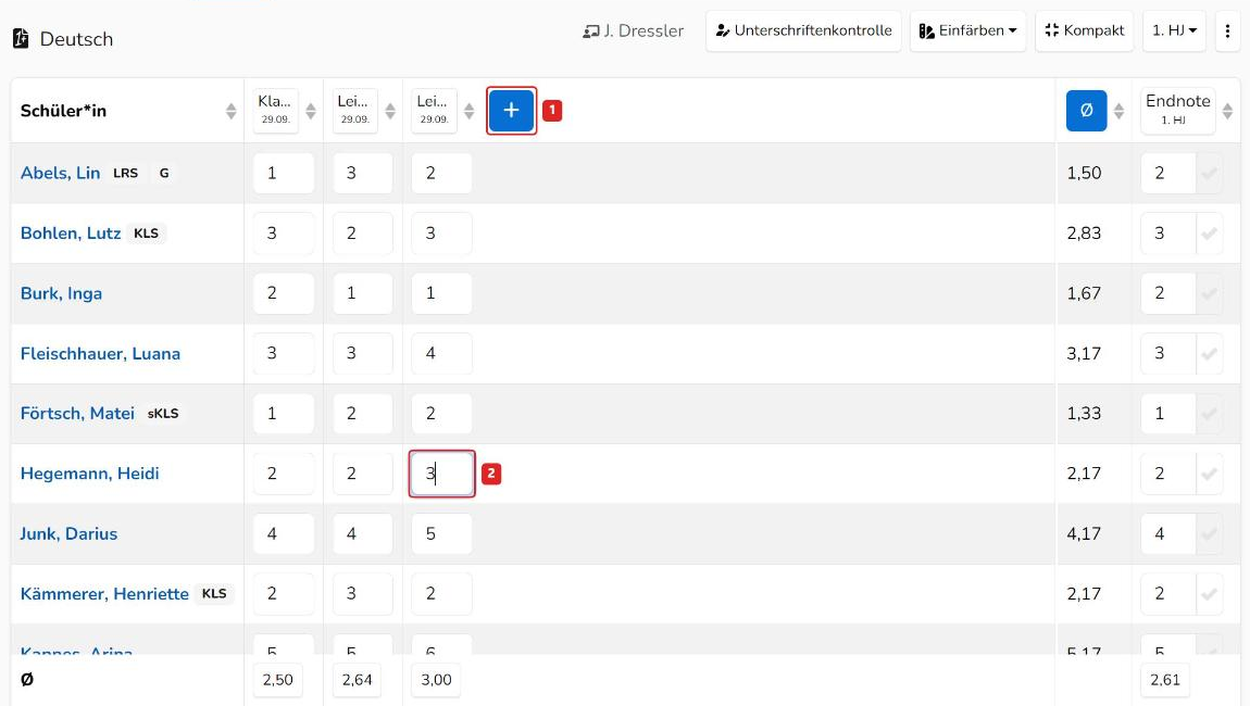 Notenbuch Deutsch mit dem Plus-Button und einem aktiven Notenfeld