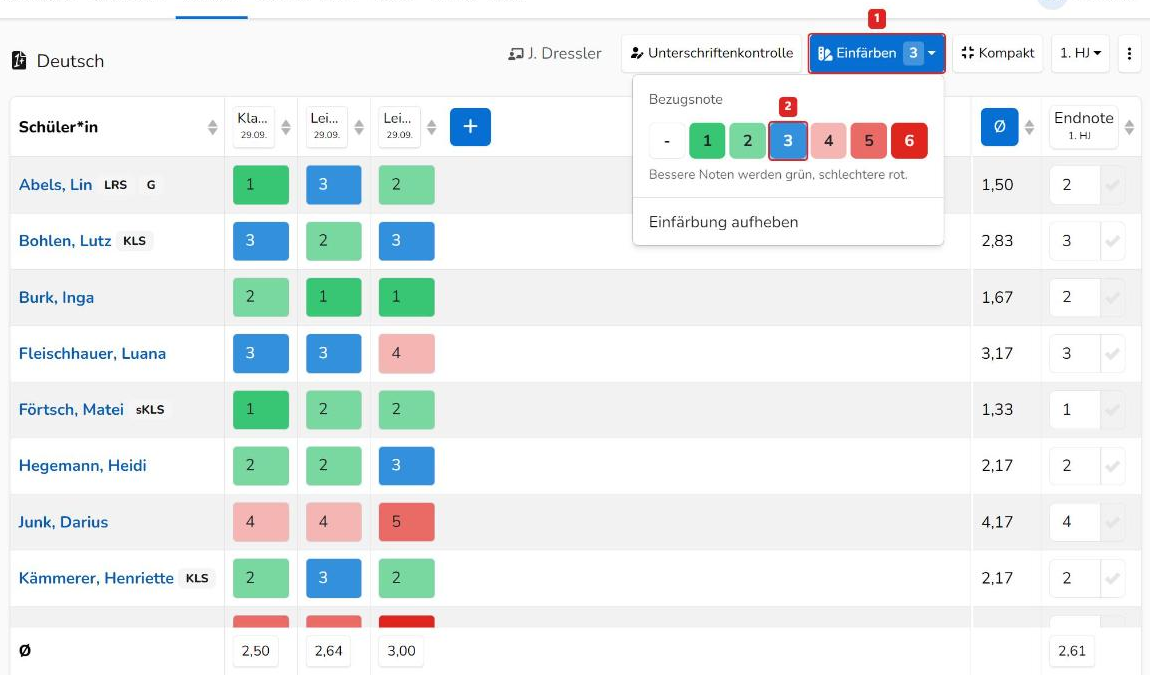 Menü Einfärben mit Bezugsnote 3; Noten sind grün, blau und rot eingefärbt