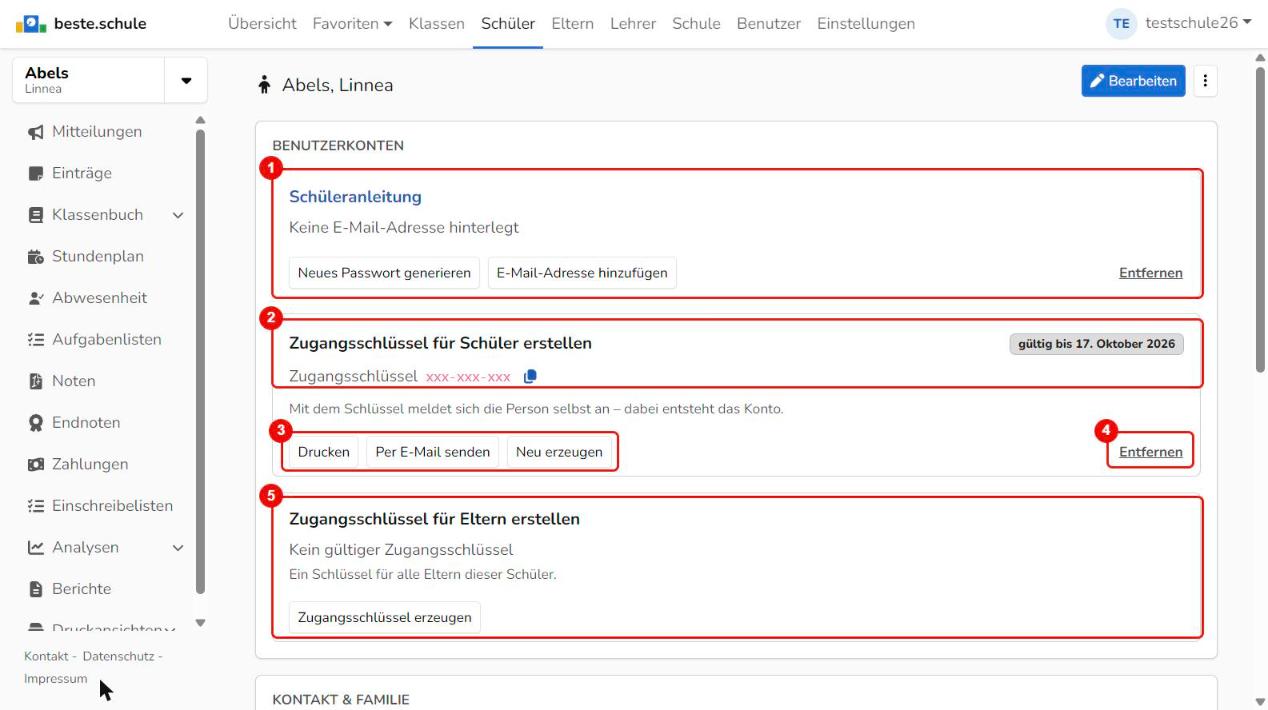Benutzerkonten und Zugangsschlüssel eines Schülers