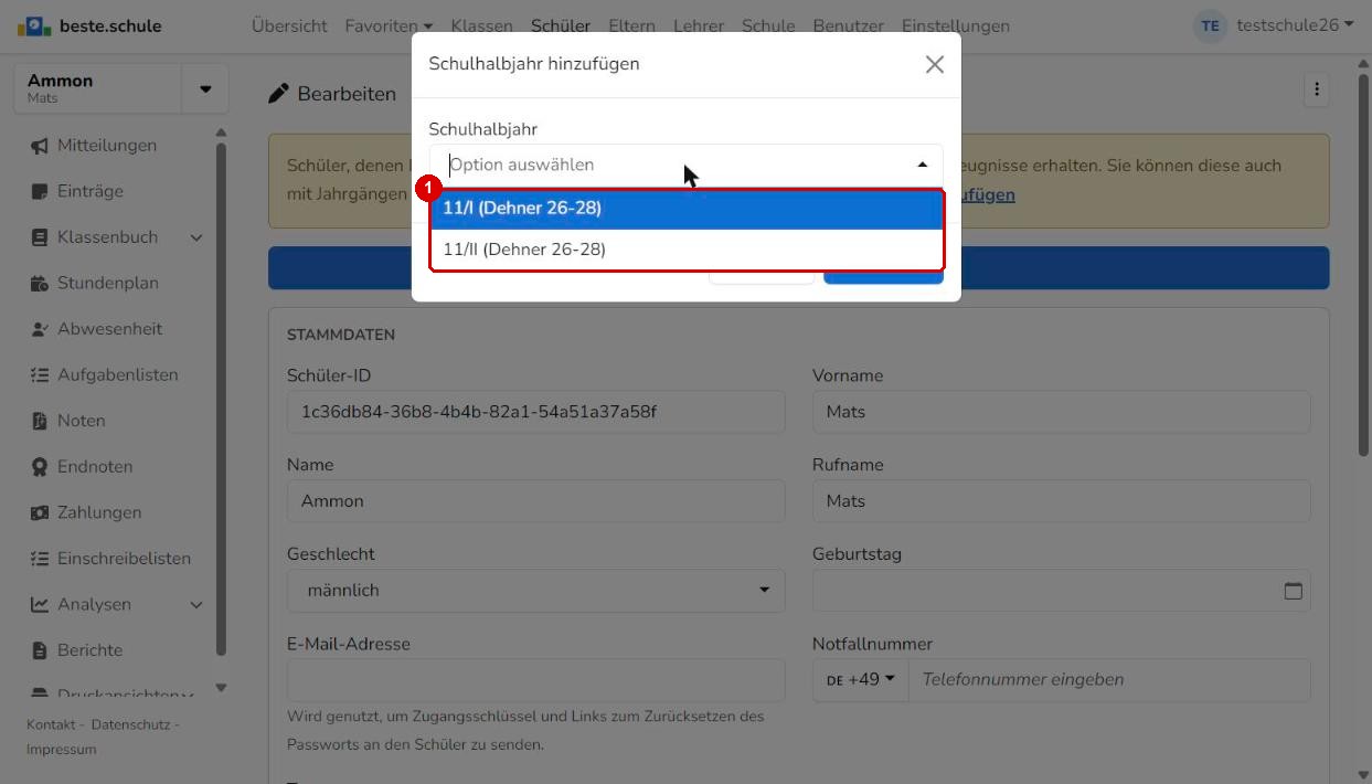 Schulhalbjahr hinzufügen: 11/I oder 11/II