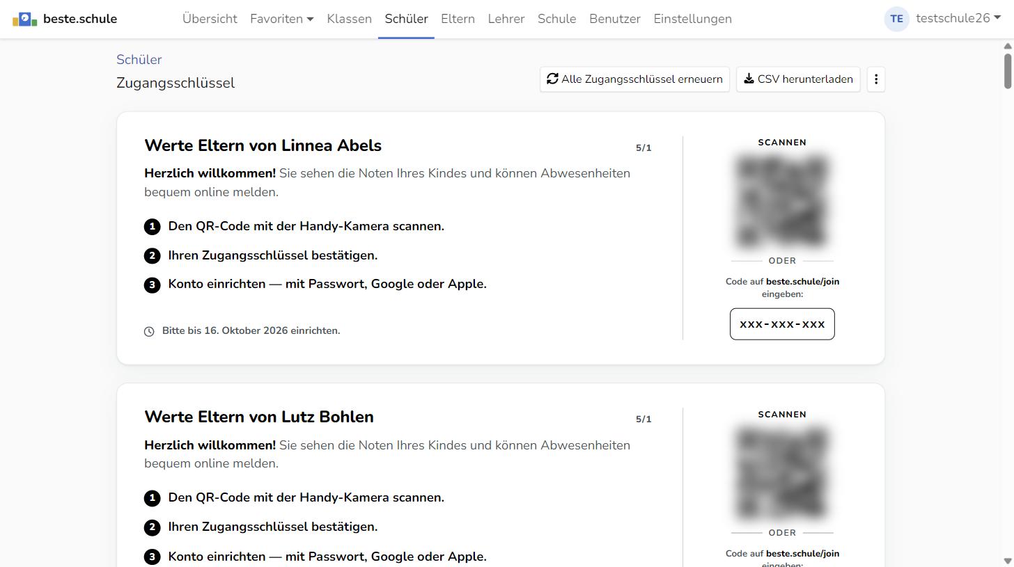 Ausgedruckter Zugangsschlüssel für Eltern