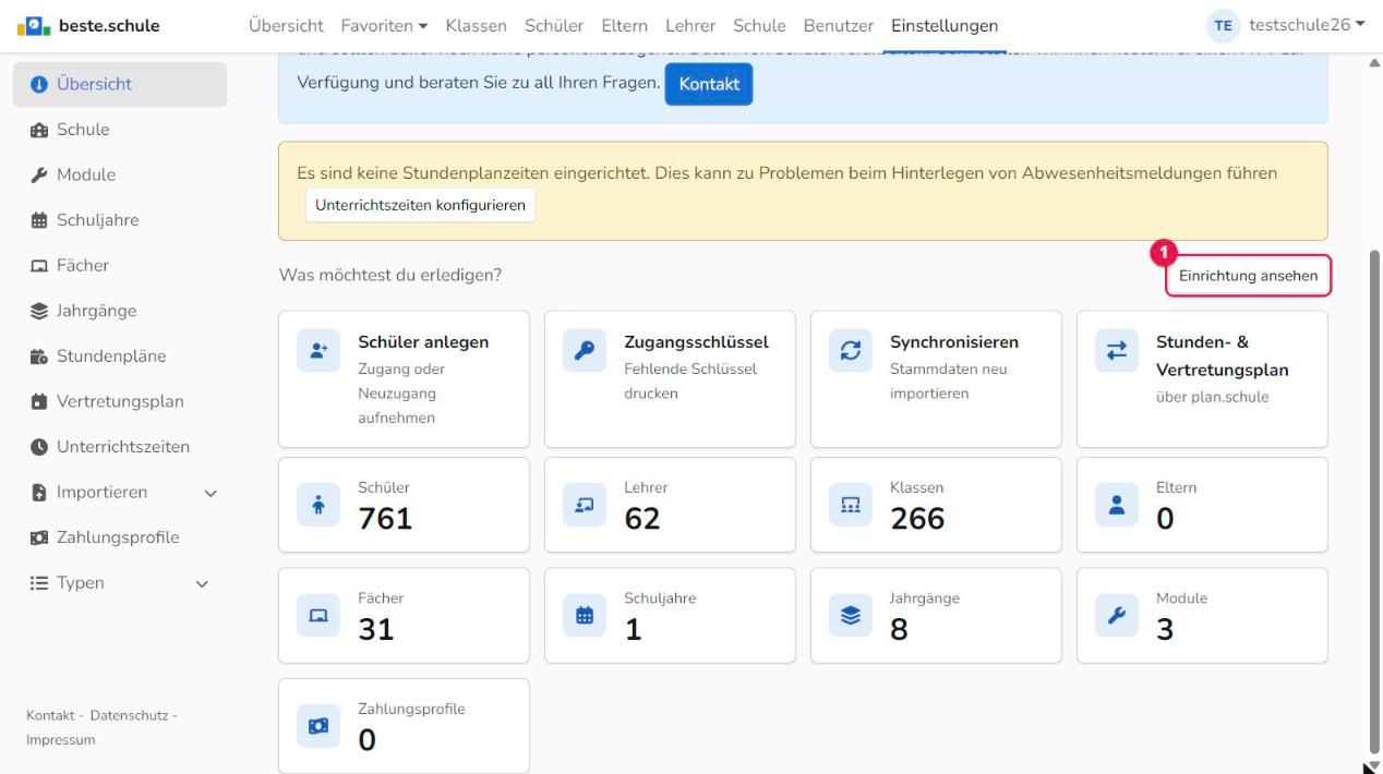 Dashboard der Übersicht mit Schaltfläche Einrichtung ansehen