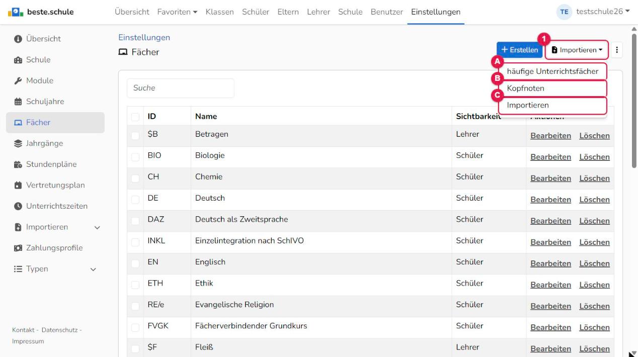 Menü Importieren in den Fächern