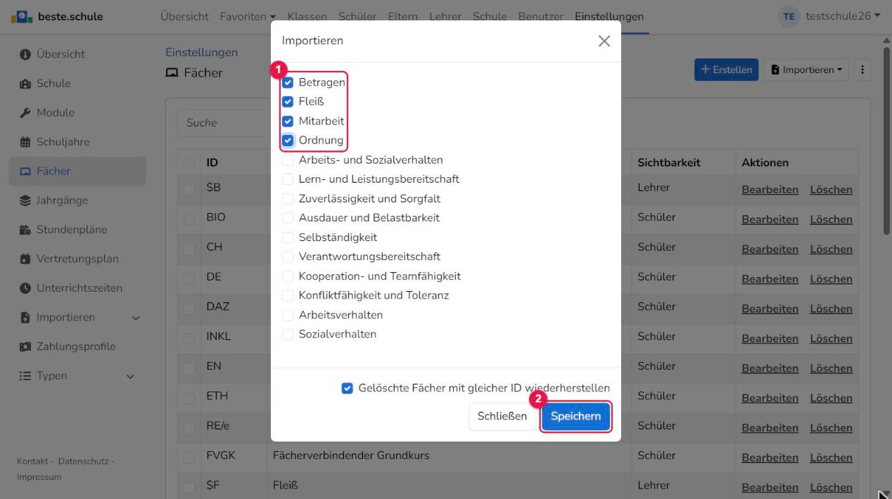 Kopfnoten auswählen