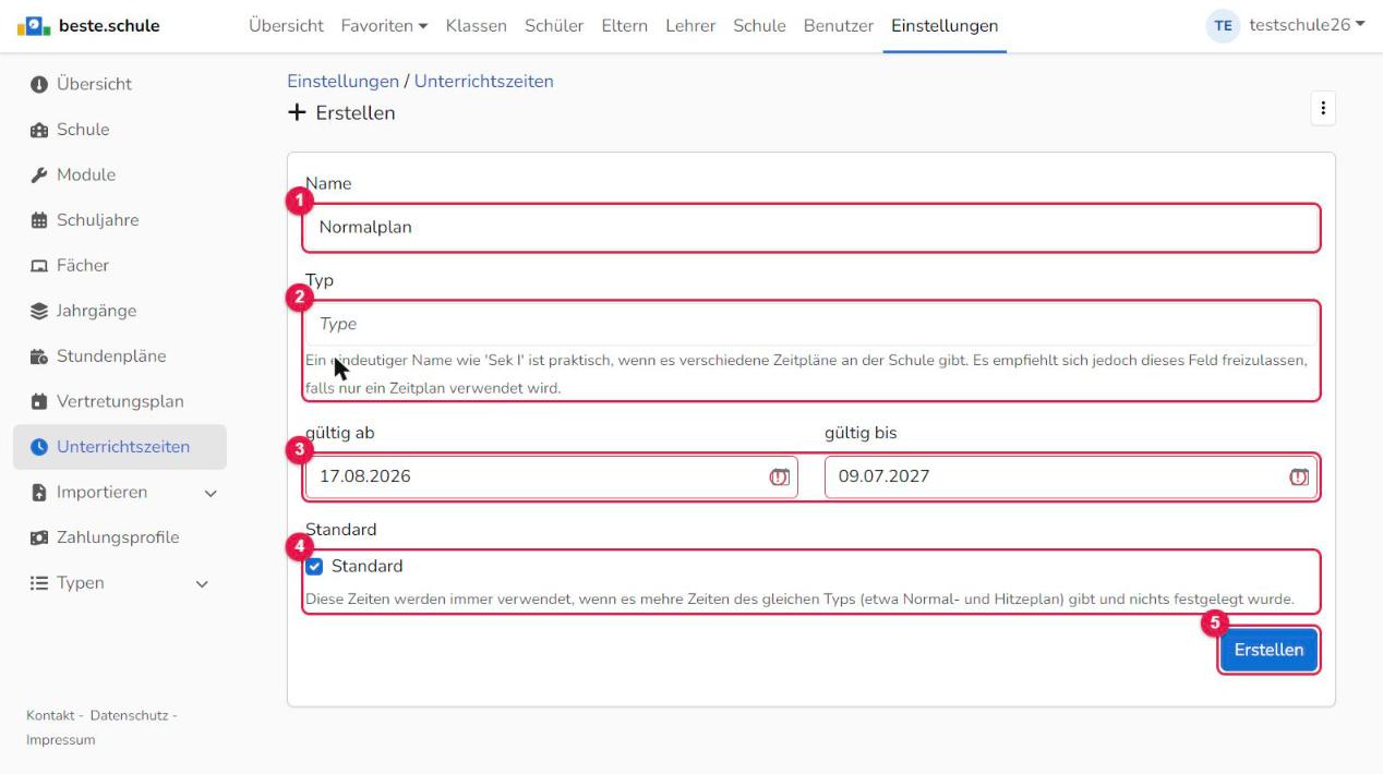 Unterrichtszeiten anlegen