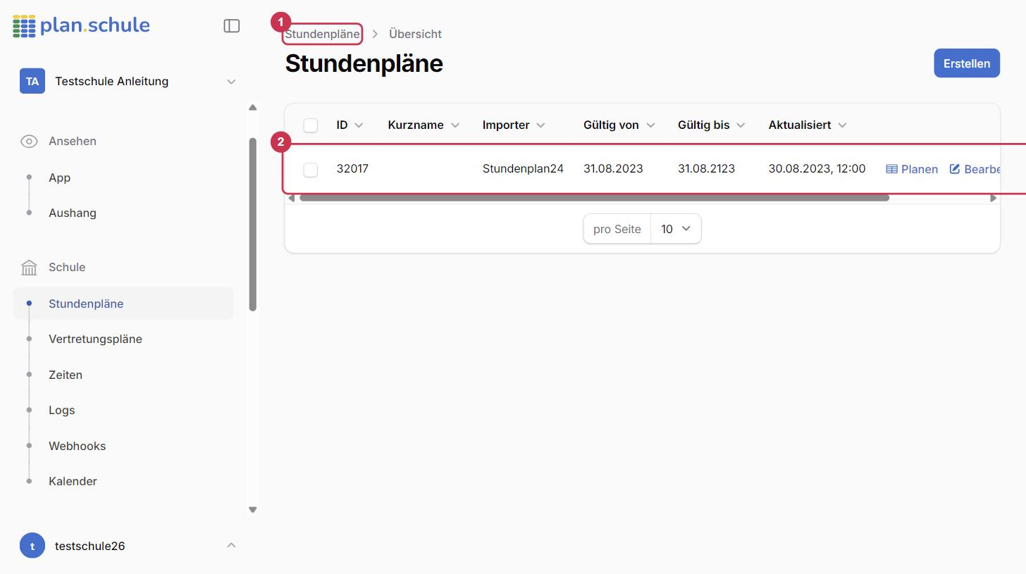 Importierter Stundenplan in plan.schule