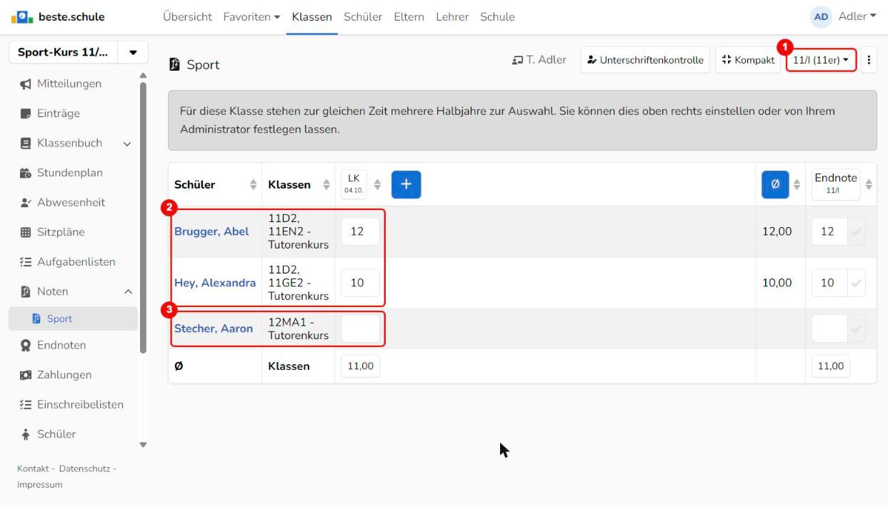 Noten nur für die 11er eingetragen