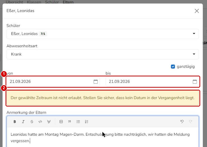 Hinweis bei einem Datum in der Vergangenheit
