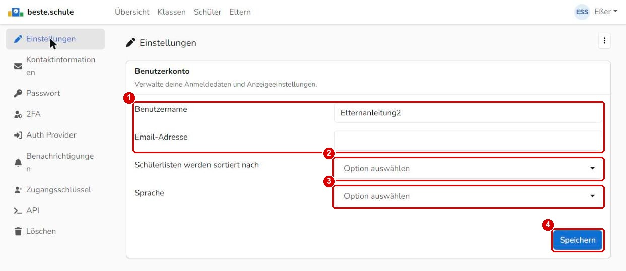 Einstellungen des Benutzerkontos