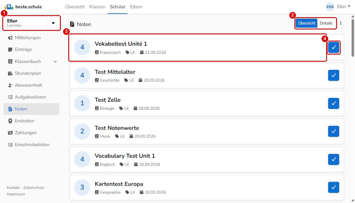 Neue Noten mit Kenntnisnahme