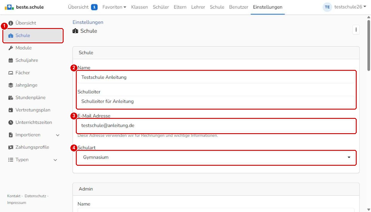 Einstellungen › Schule mit Name, Schulleiter, E-Mail und Schulart