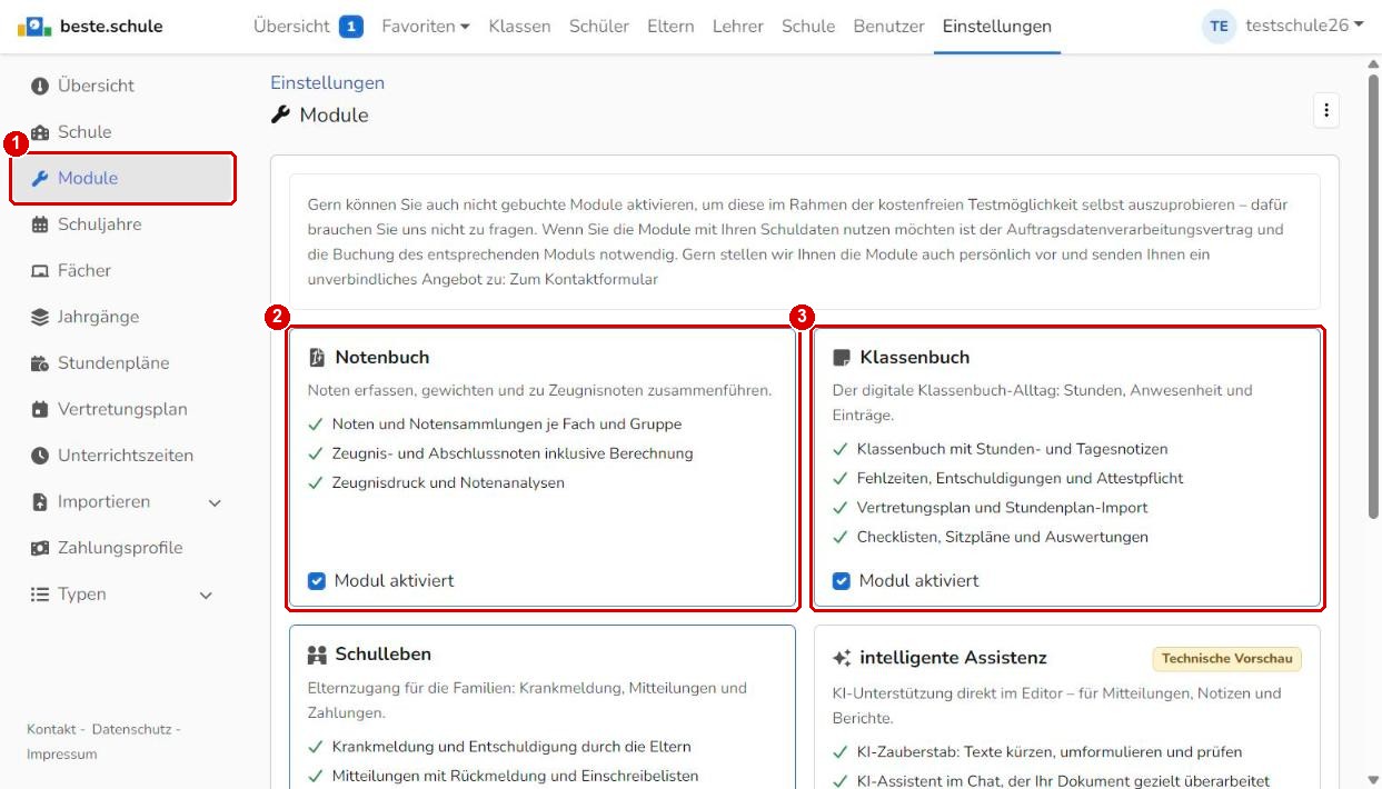 Einstellungen › Module: Notenbuch und Klassenbuch