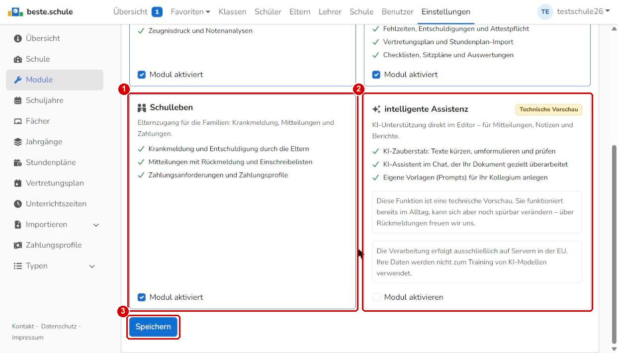 Einstellungen › Module: Schulleben und intelligente Assistenz