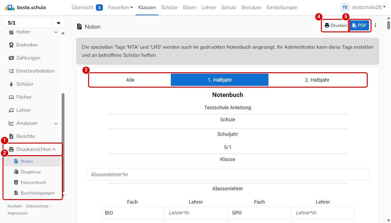 Druckansicht Noten einer Klasse mit Drucken und PDF