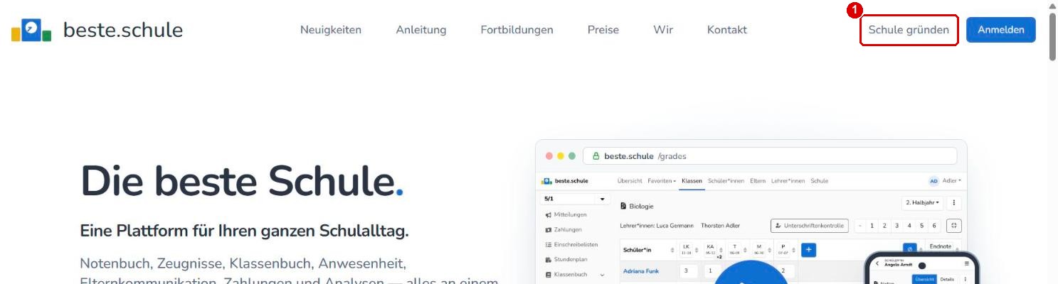 Startseite von beste.schule mit Schule gründen