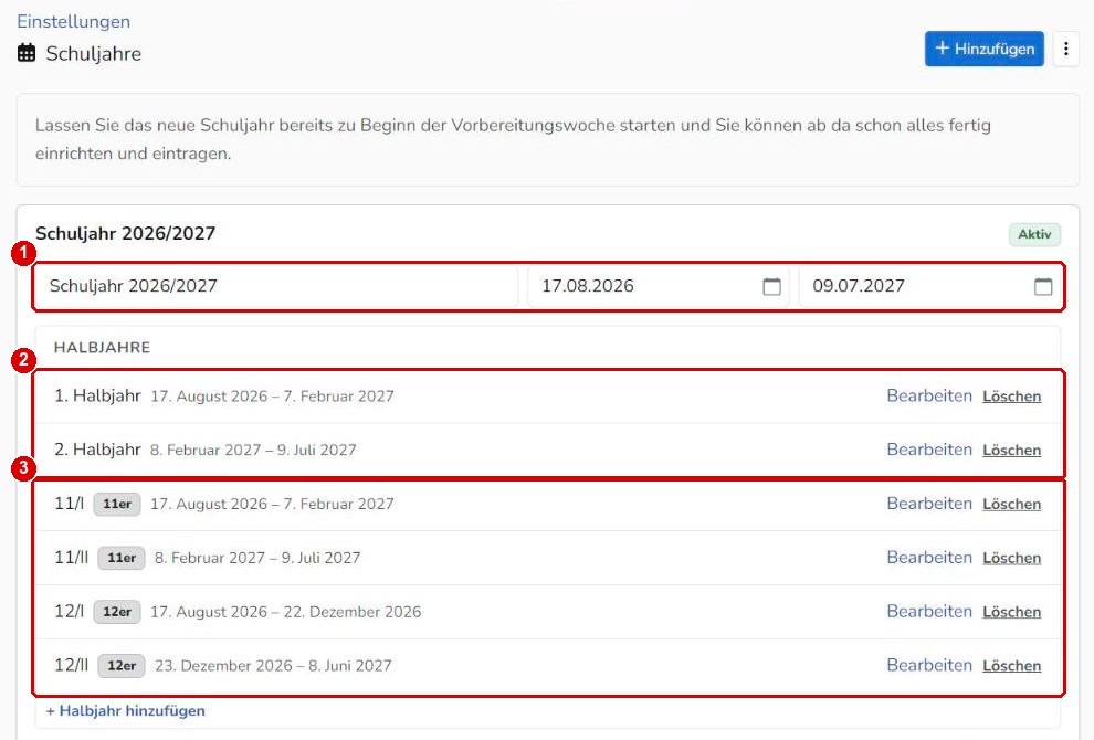 Automatisch angelegtes Schuljahr mit Halbjahren
