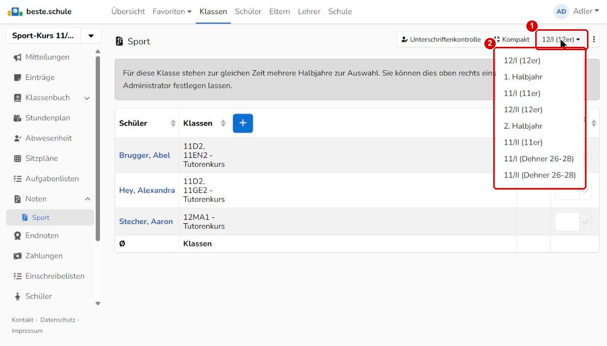 Halbjahr im Notenbuch wählen