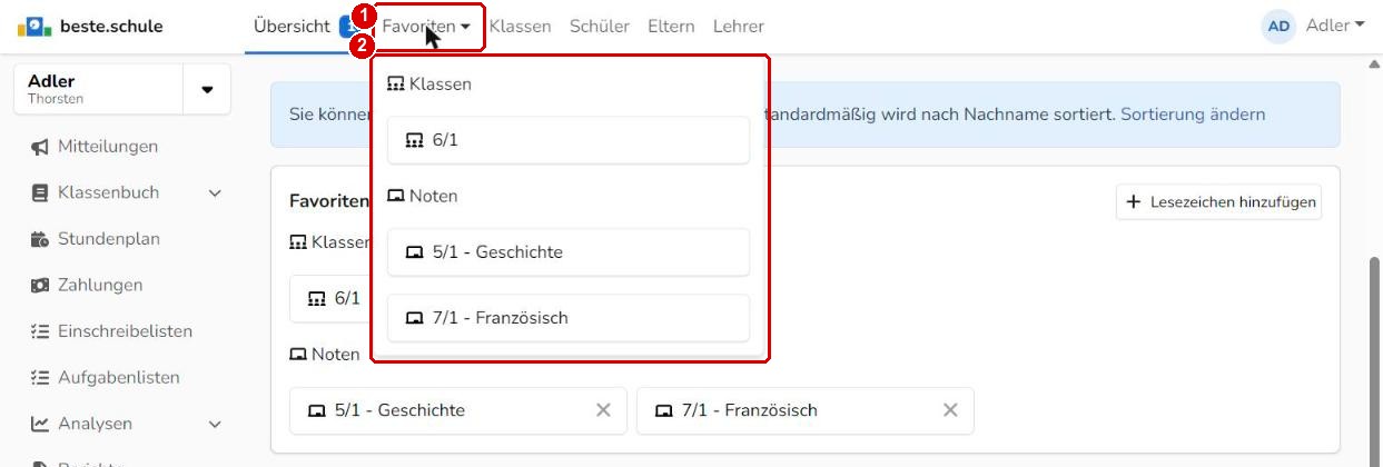 Favoriten-Menü mit Lesezeichen