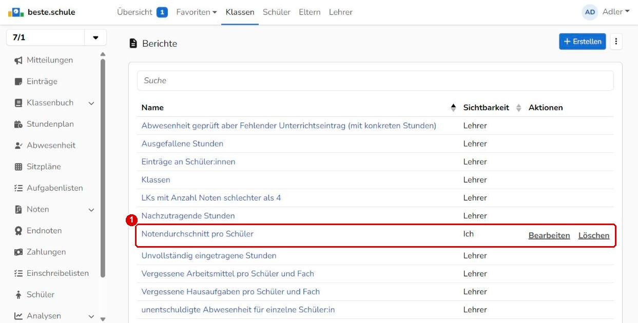 Eigener Bericht in der Liste