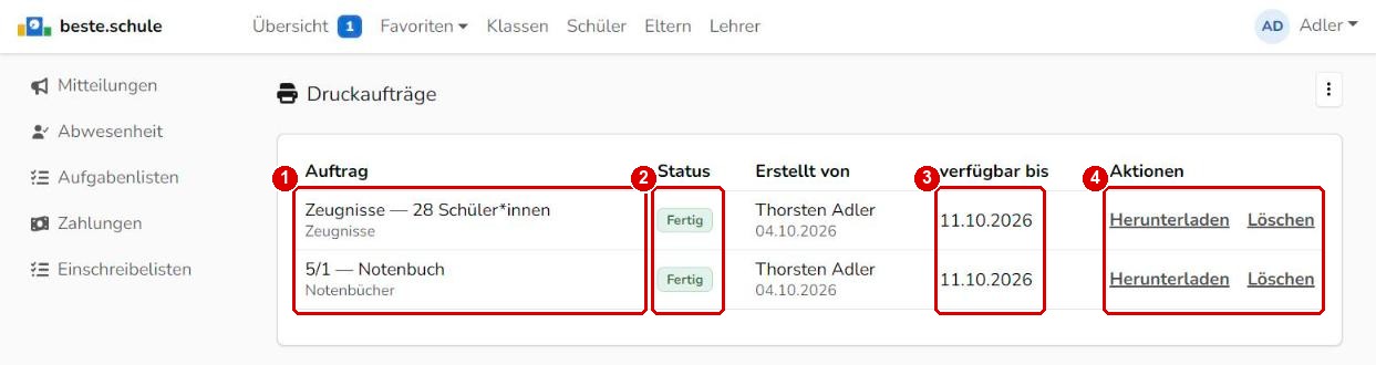 Liste der Druckaufträge