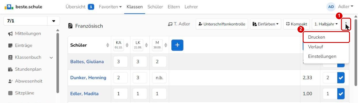 Notenbuch eines Fachs drucken
