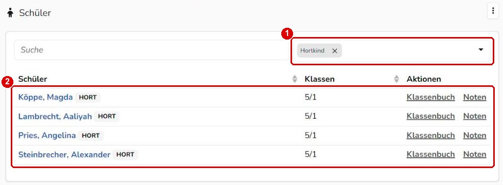 Schülerliste nach Tag gefiltert