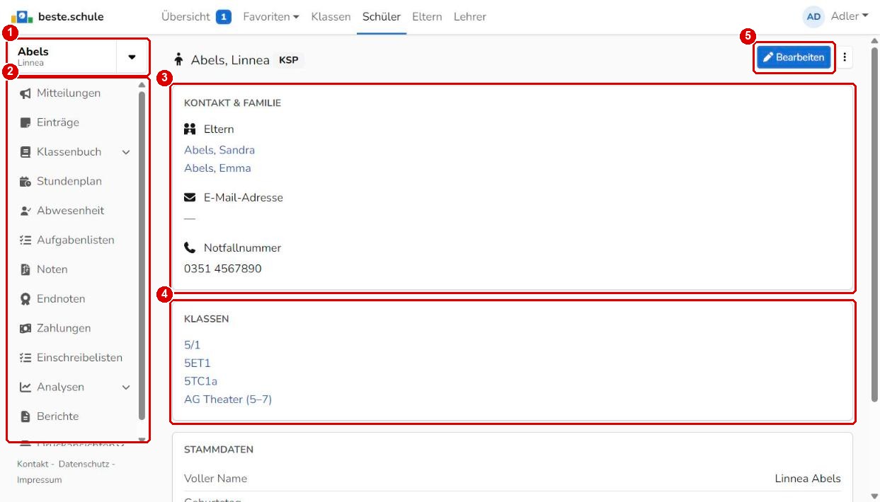 Schülerseite mit Kontakt und Klassen