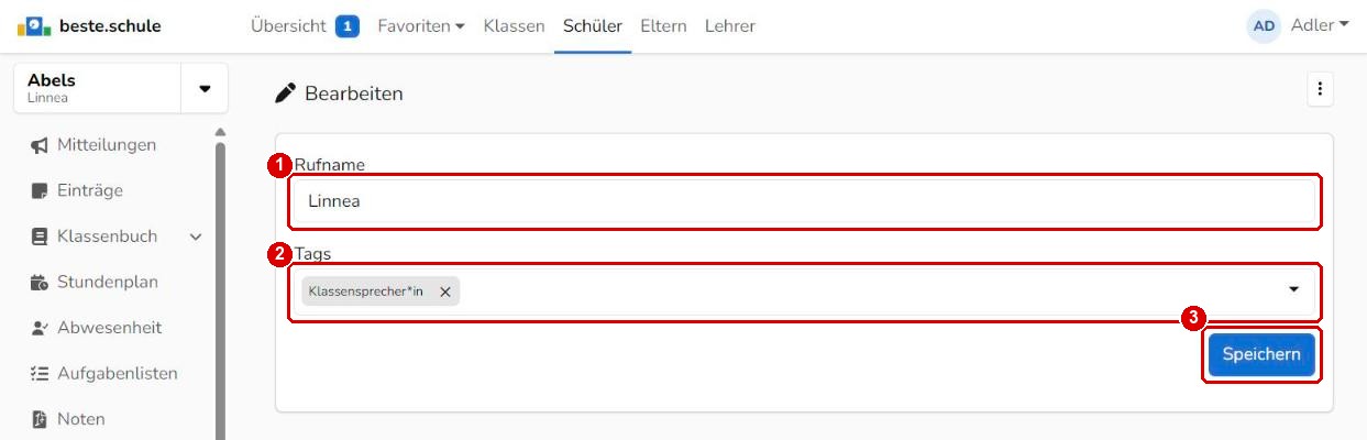 Rufname und Tags bearbeiten