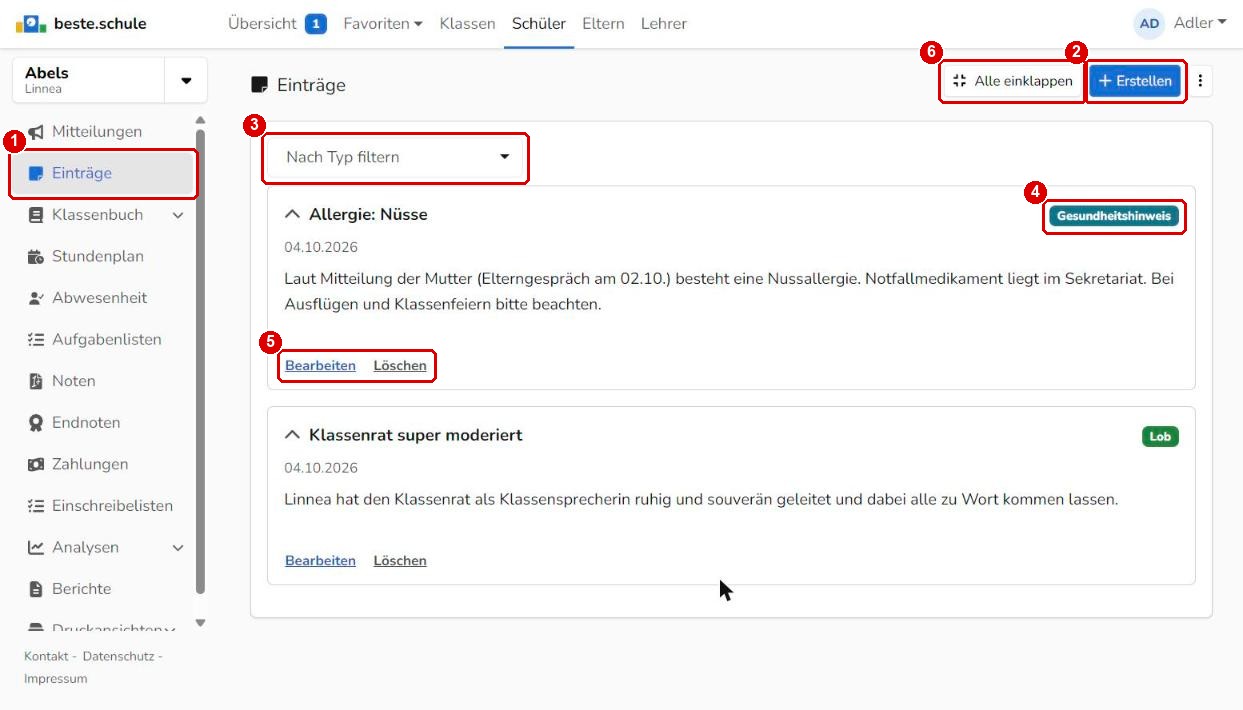 Einträge zu einer Schülerin
