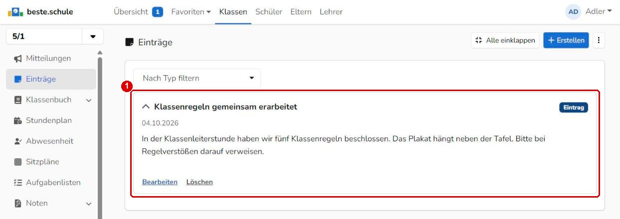 Einträge einer Klasse