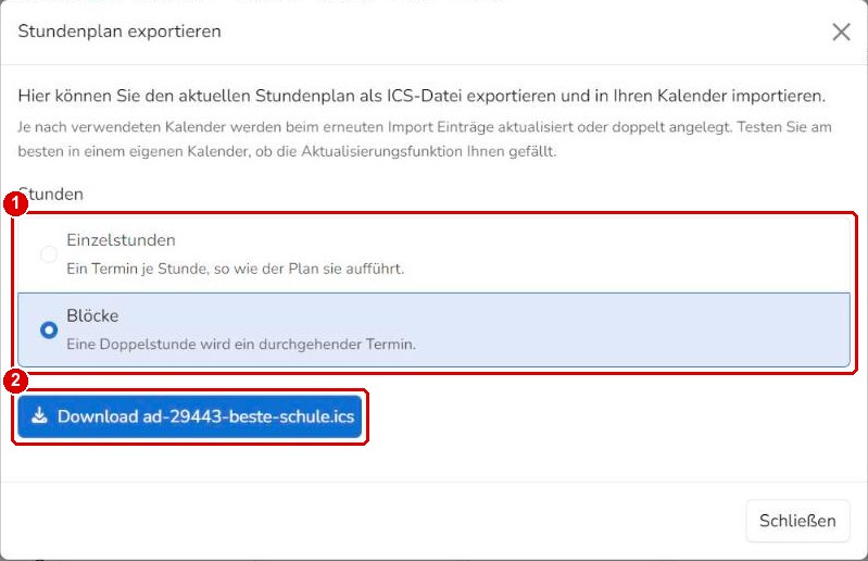 Stundenplan als ICS-Datei exportieren