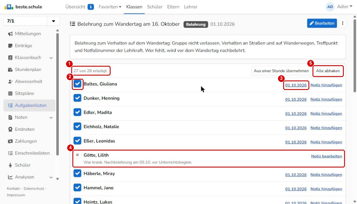 Abgehakte Aufgabenliste mit Notiz