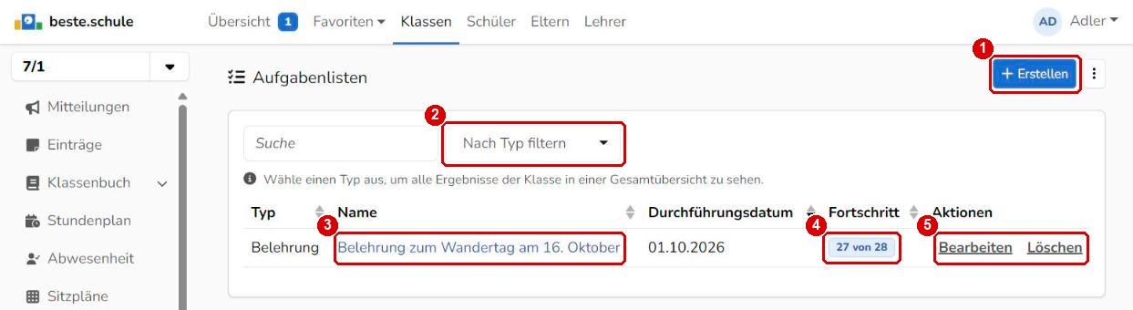 Liste der Aufgabenlisten einer Klasse