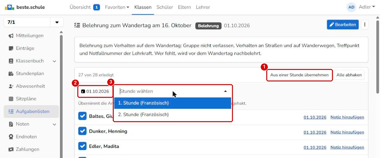 Anwesenheit aus einer Stunde übernehmen