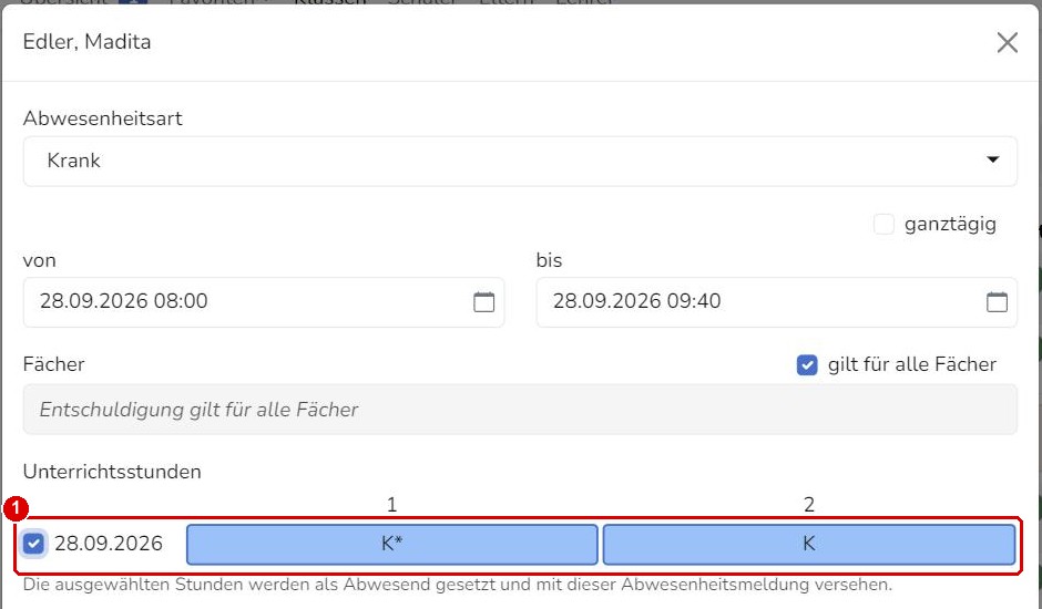 Unterrichtsstunden in der Meldung ankreuzen