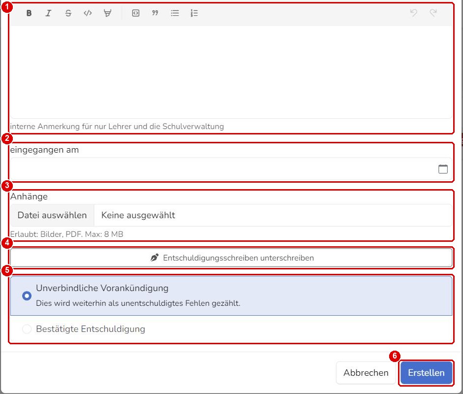 Formular Abwesenheitsmeldung, unterer Teil