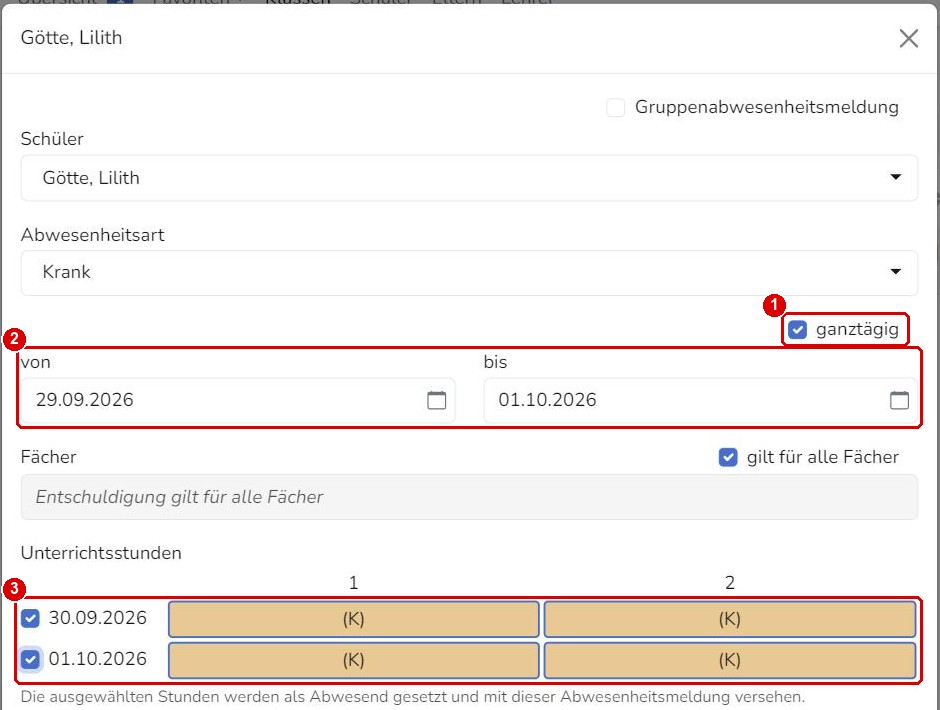 Ganztägige Abwesenheit über mehrere Tage