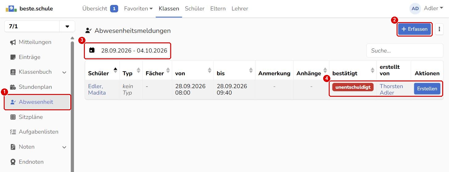 Liste der Abwesenheitsmeldungen mit unentschuldigtem Fehlen