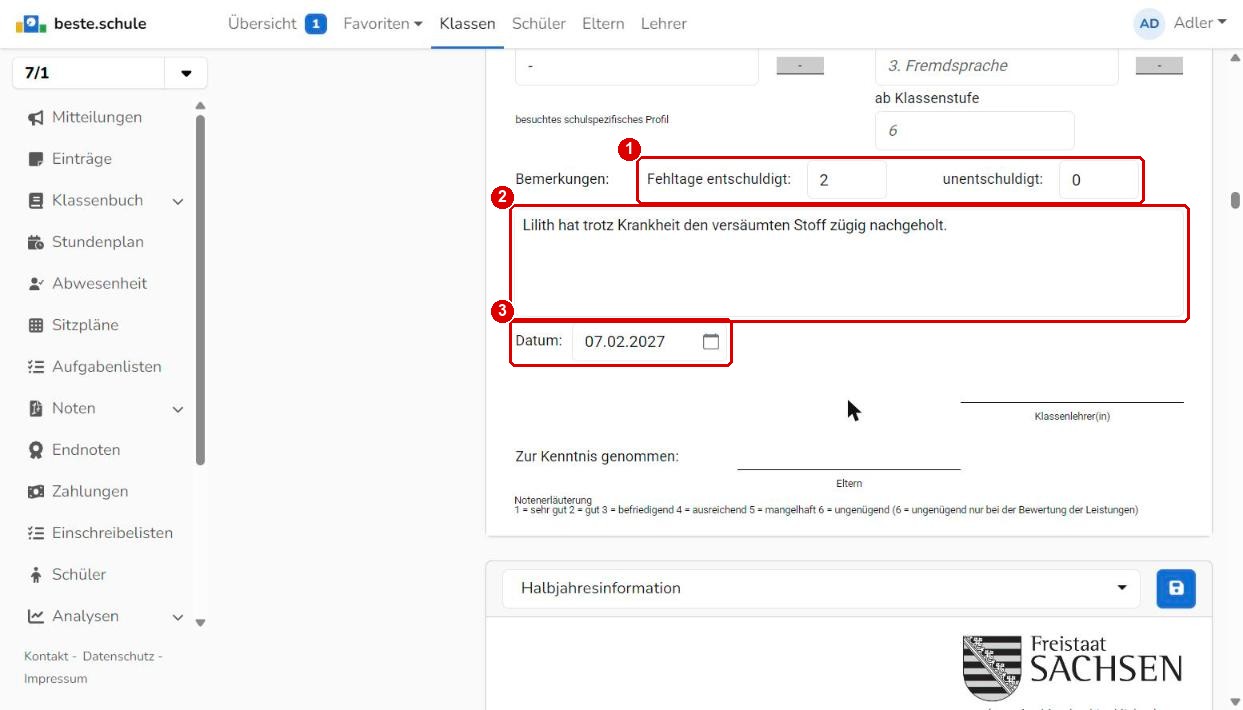 Fehltage, Bemerkungen und Datum im Zeugnis