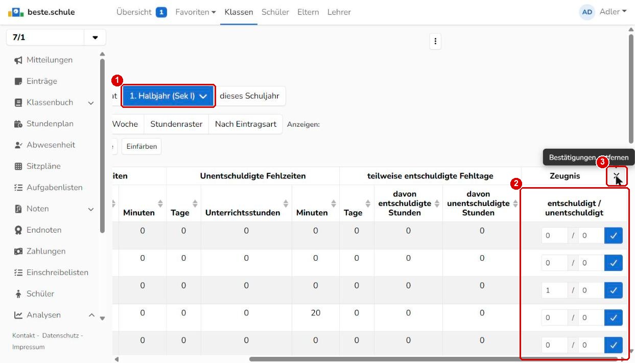 Fehltage für das Zeugnis bestätigen