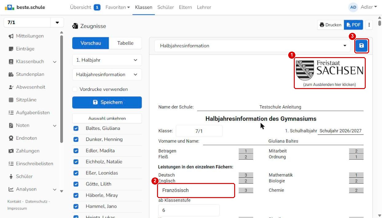 Oberer Teil des Zeugnisses