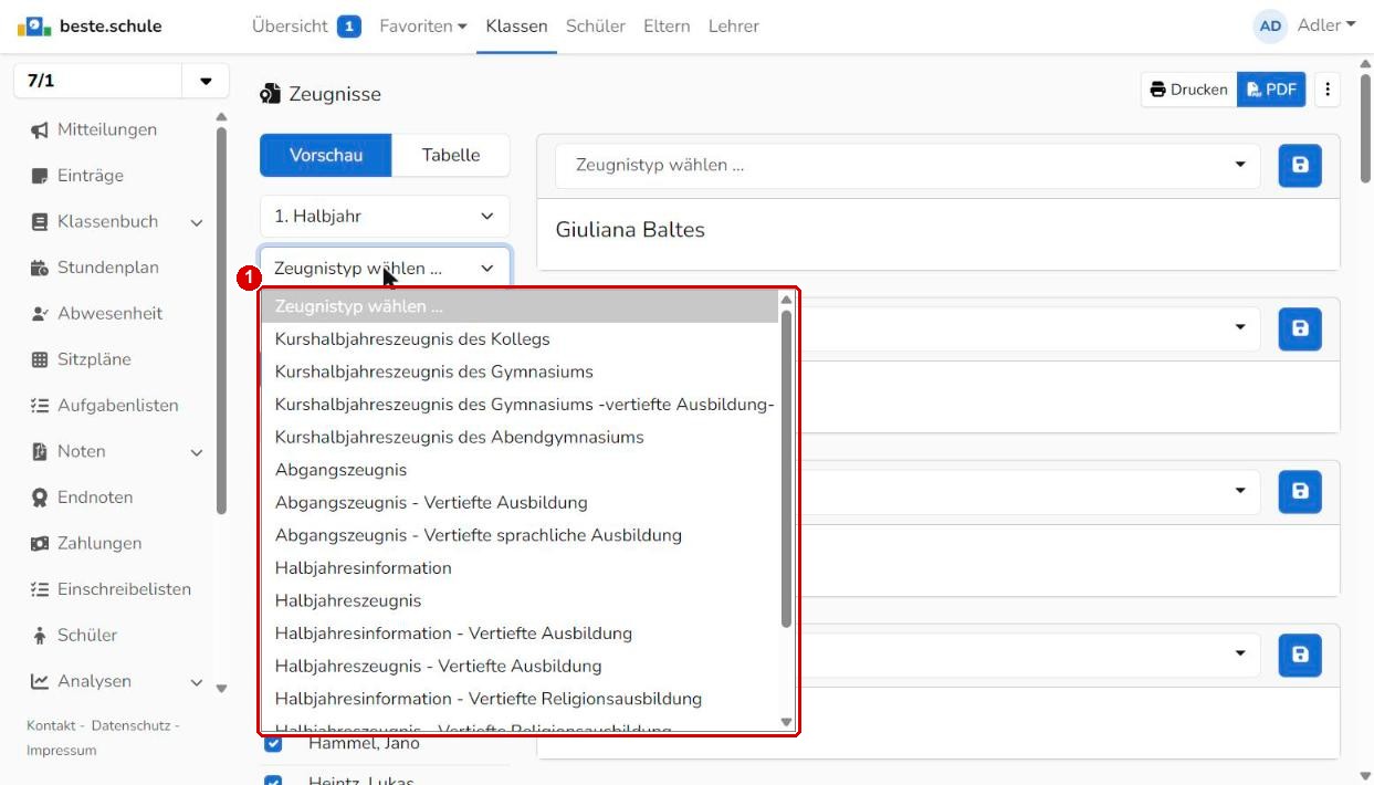 Auswahl der Zeugnistypen