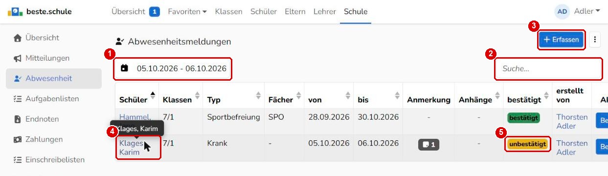 Liste der Abwesenheitsmeldungen