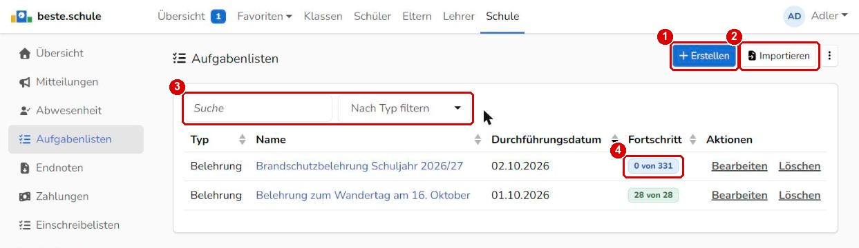 Schulweite Aufgabenlisten in der Übersicht