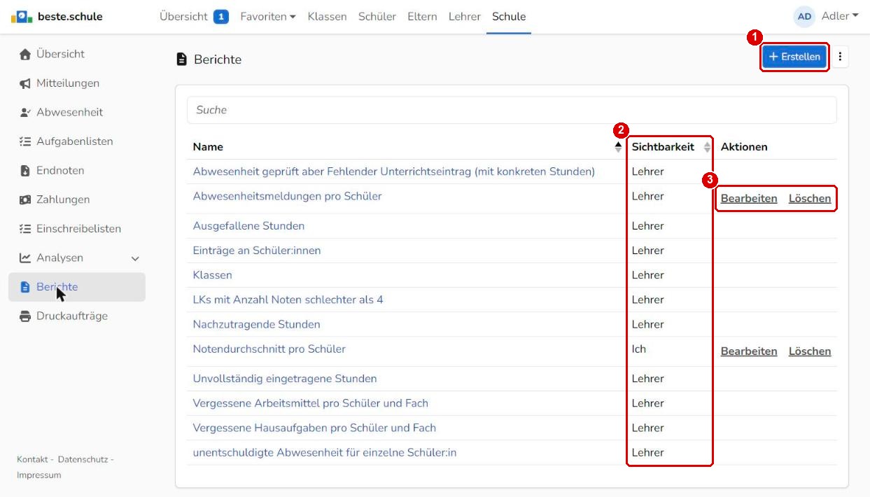 Berichteliste der Schulverwaltung