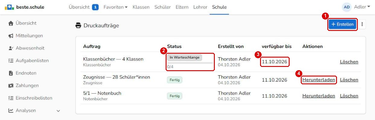 Liste der Druckaufträge