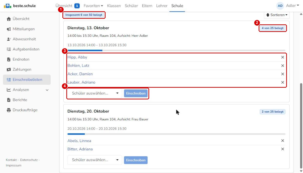 Belegung einer Einschreibeliste